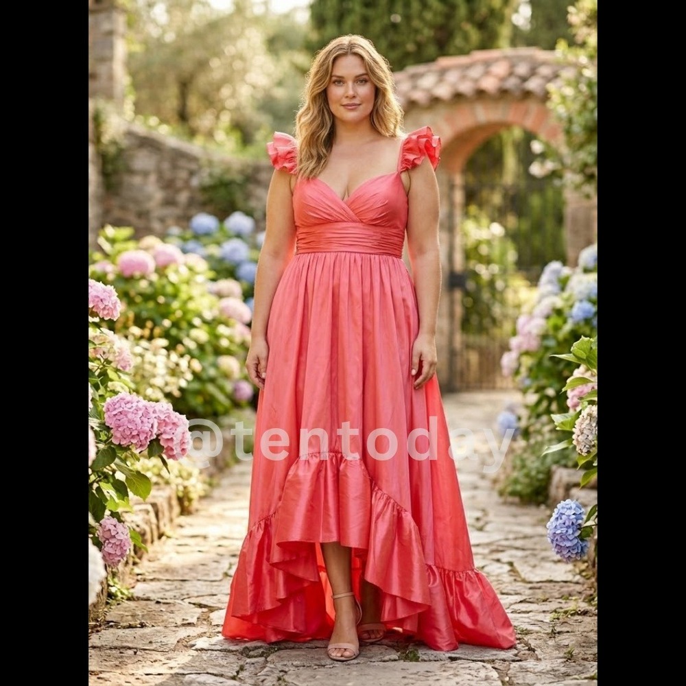 $458 Mac Duggal Size 18W 18 Watermelon Pink Taffeta Ruffle Long Maxi Dress Gown